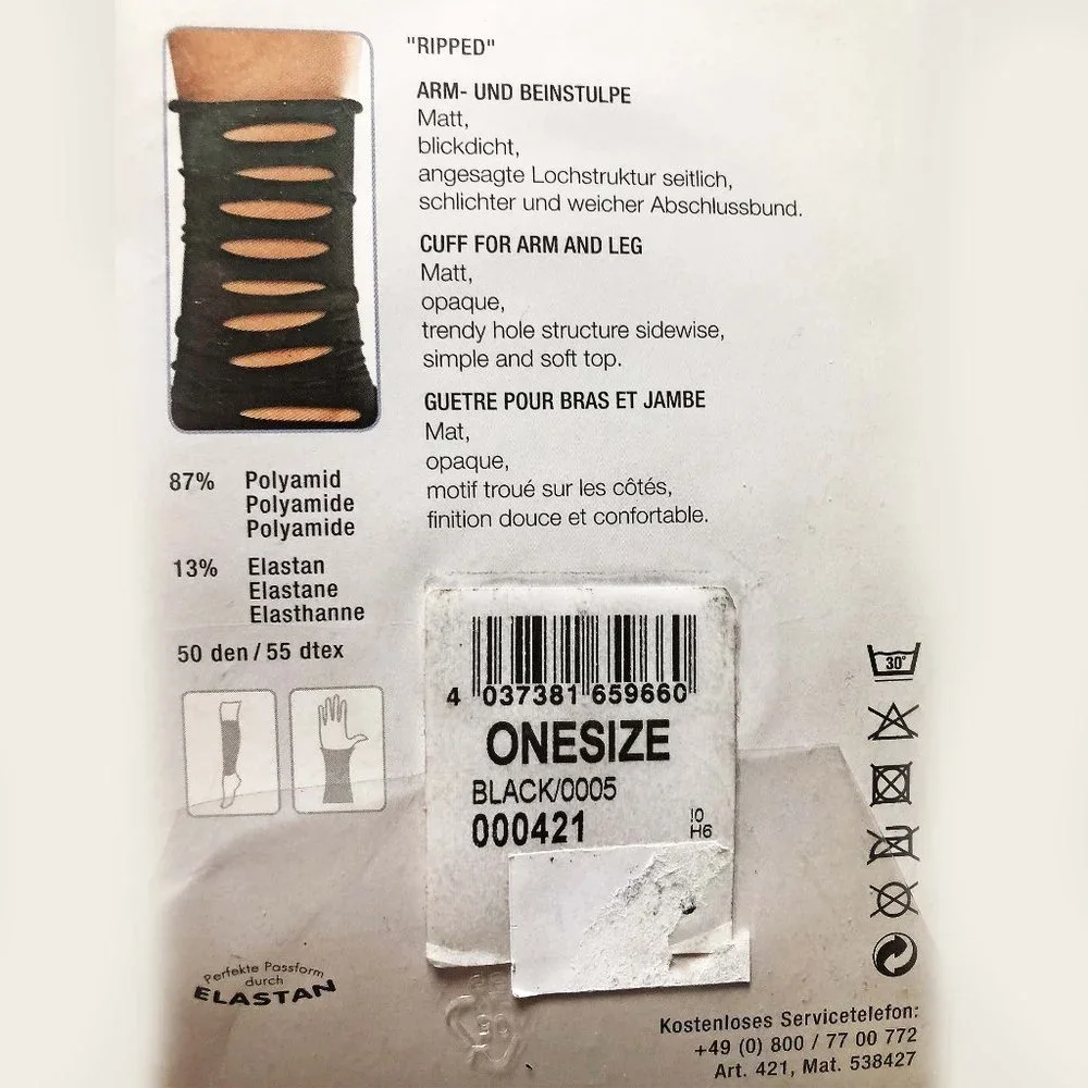 Hudson Fashion Ripped Black Cuffs for Arms or Legs Matte Opaque Women One Size